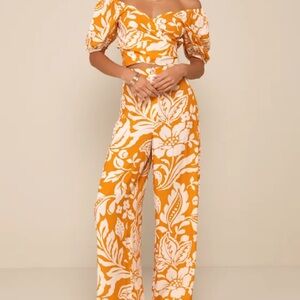 Lulus Double the Charm Orange Floral Tropical High-Rise Straight Leg Pants NWT